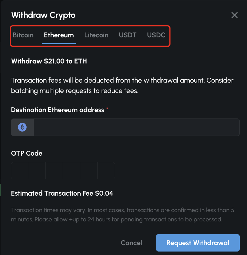 Screenshot of the PackDraw withdrawal interface showing crypto coin selection and wallet address field for cashing out mystery box winnings
