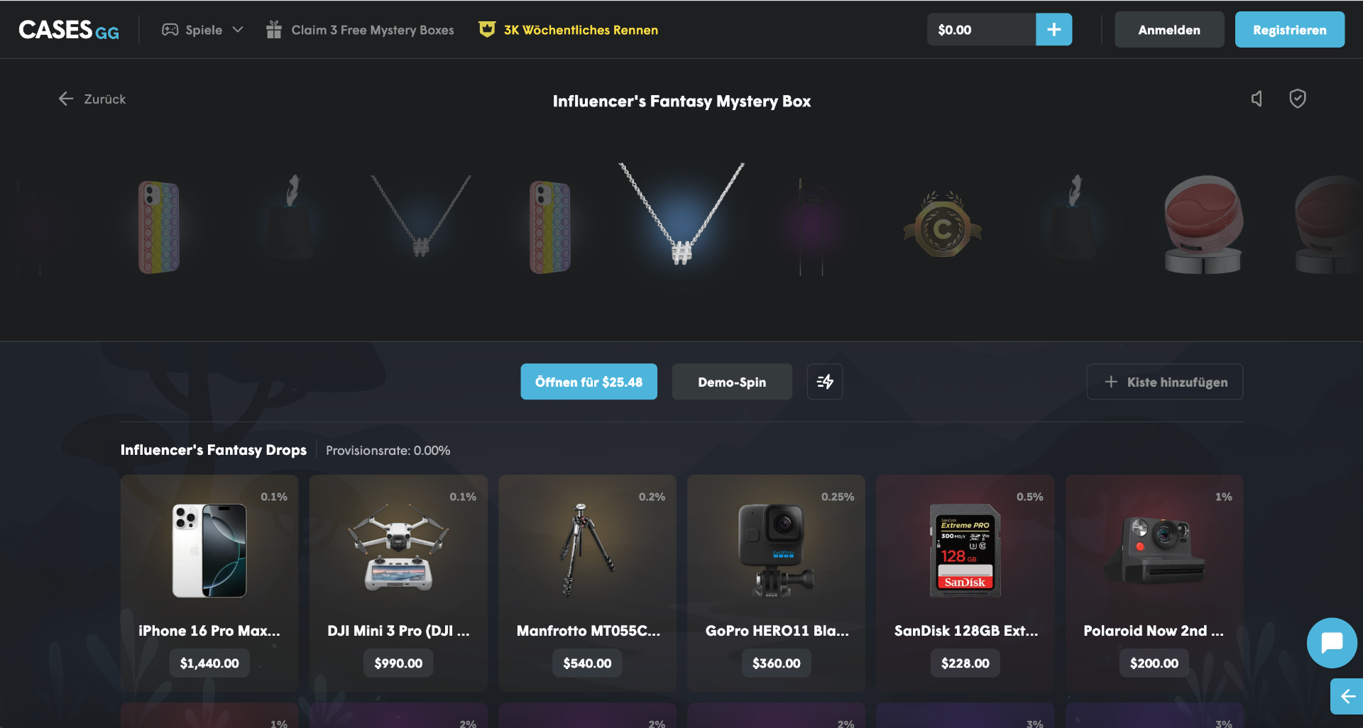 Cases.gg Influencer's Fantasy box opening screen with item carousel and drop rates
