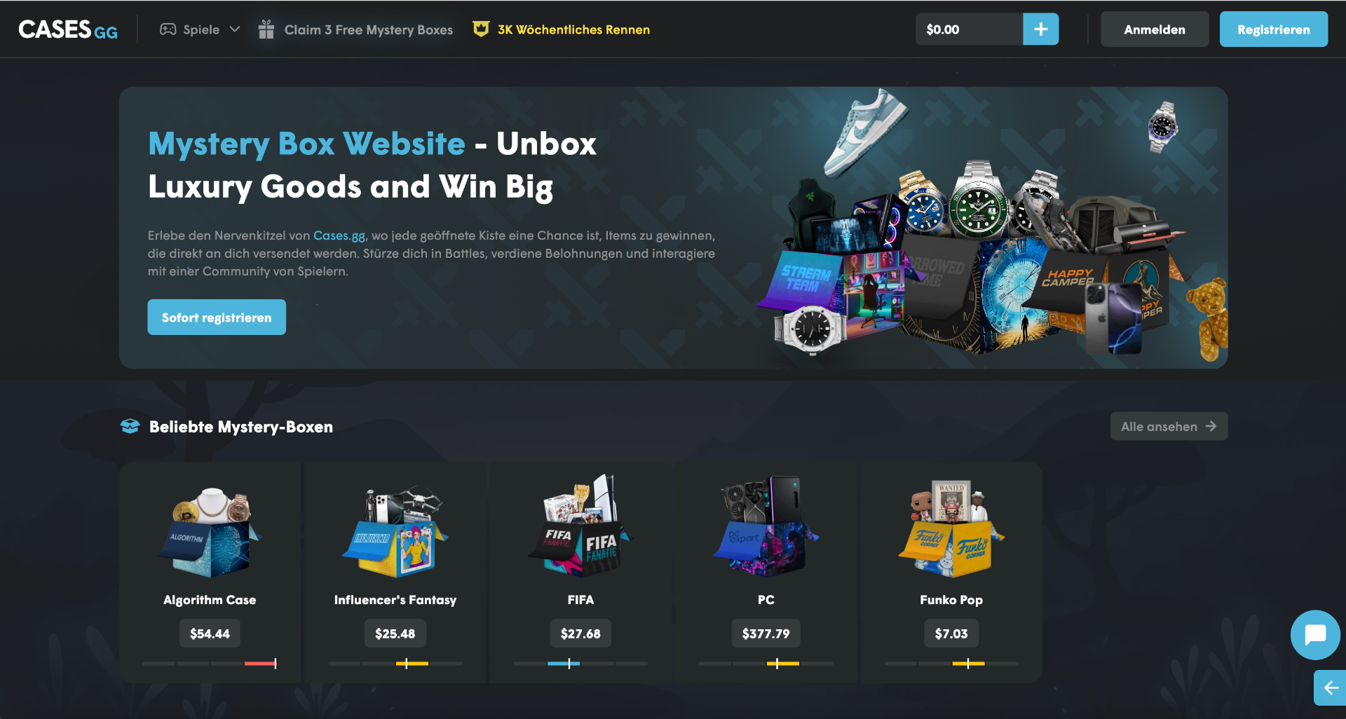 Cases.gg landing page with Unbox Luxury Goods hero and popular mystery boxes grid