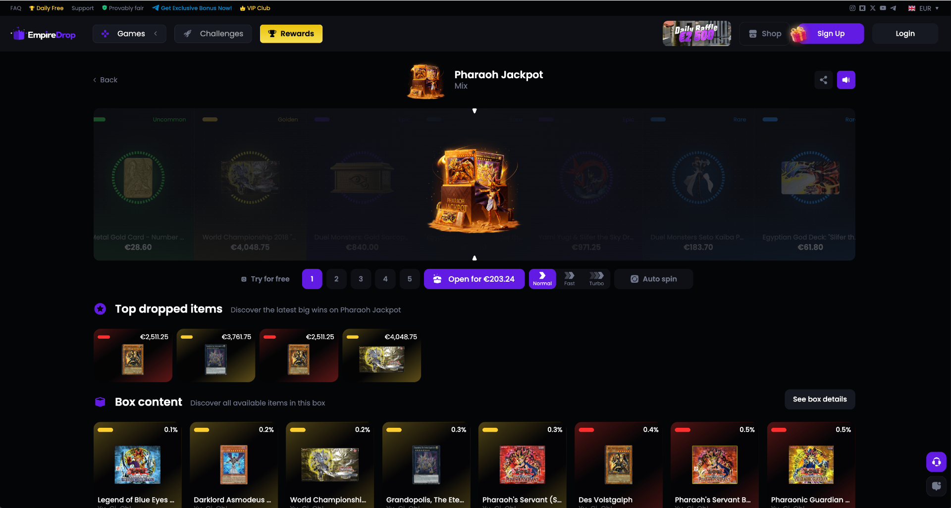 EmpireDrop Pharaoh Jackpot box opening screen with tiered rarities and top dropped items