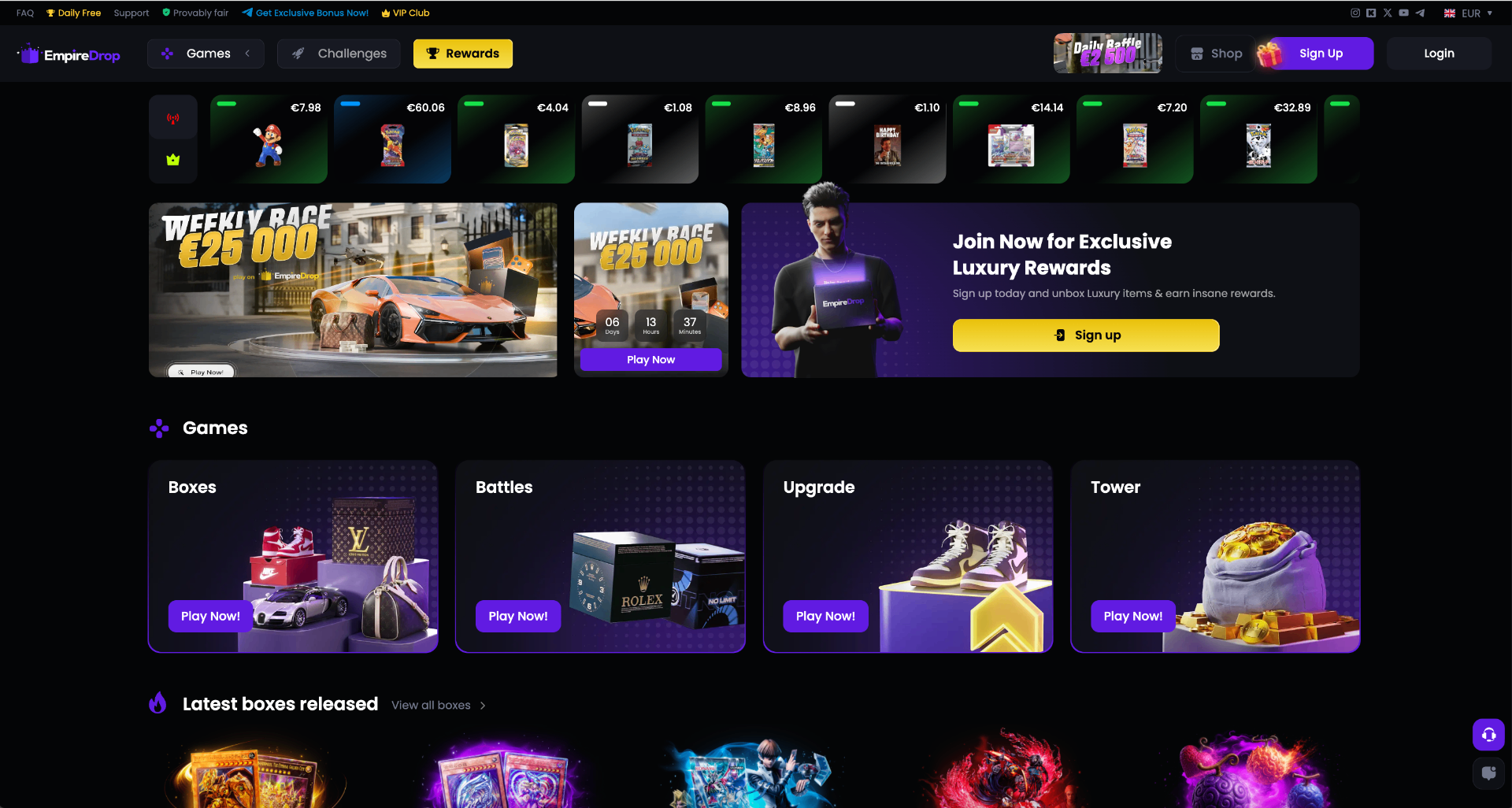 EmpireDrop landing page showing live box ticker, €25,000 weekly race banner and game modes