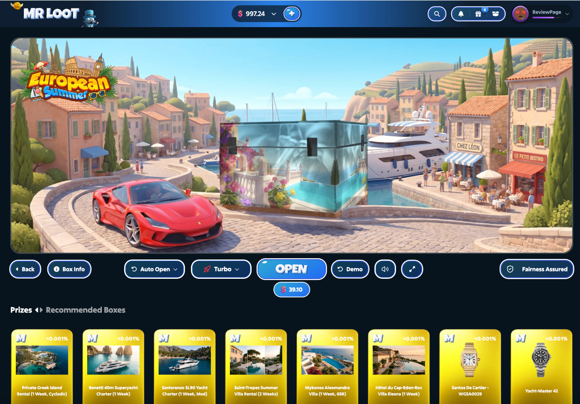 MrLoot European Summer box opening interface with illustrated Mediterranean scene and Ferrari