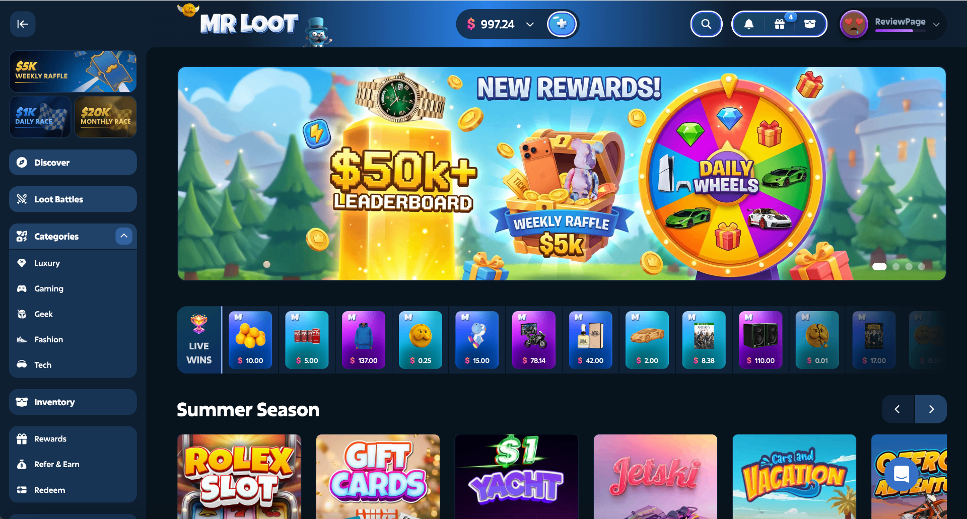 MrLoot landing page with animated mascot, $50K leaderboard, weekly raffle and daily wheels lobby